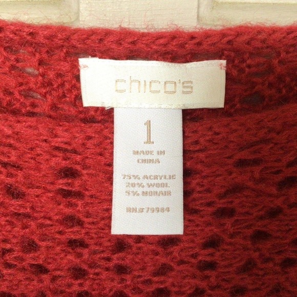 Chico's Sweater Sz1 Classic Pullover Loose Knit Red Banded Cuffs/Hem Pre-Owned - Picture 3 of 10